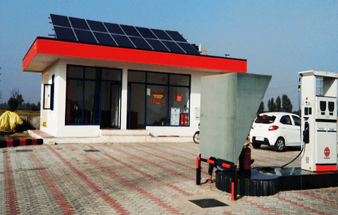 Solar panels on petrol pump canopy